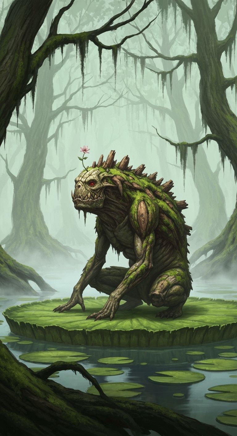 Swamp Monster on Lily Pad in Ethereal Mist