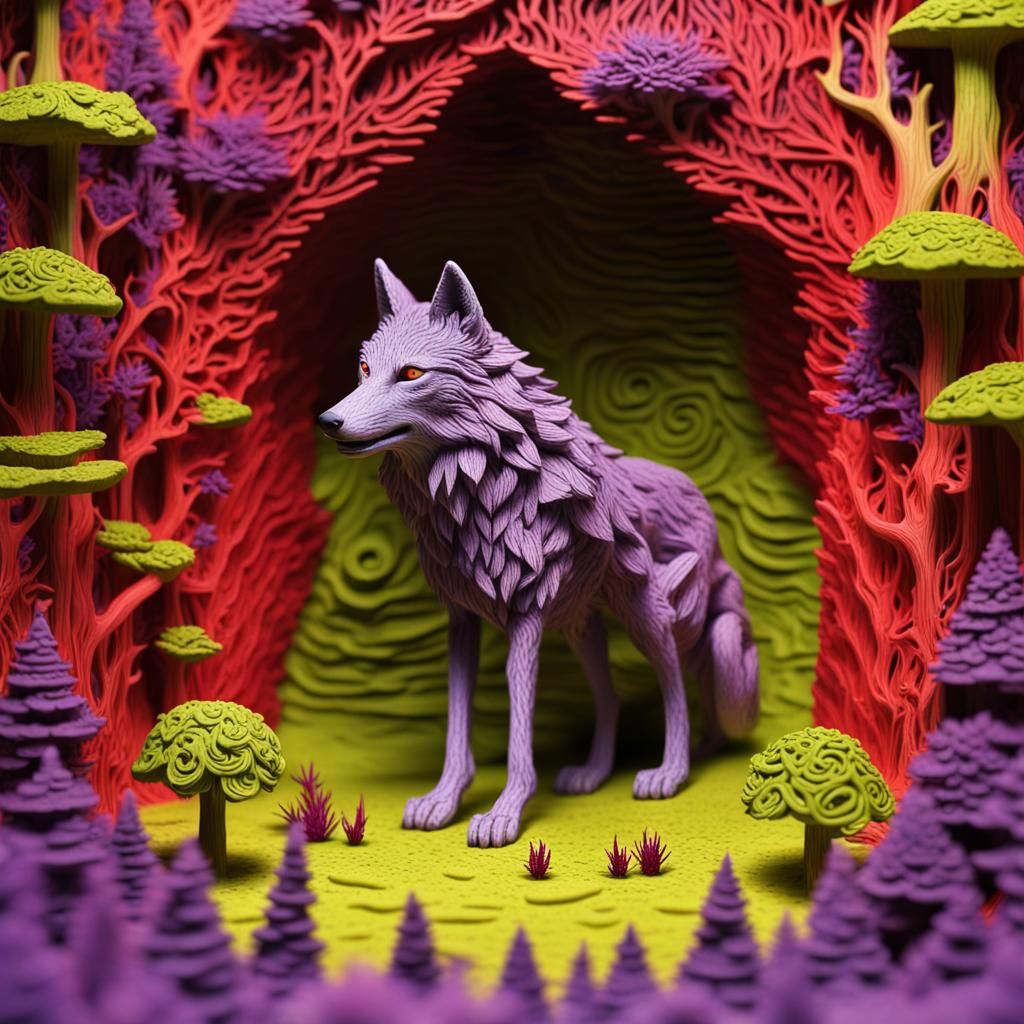 Psychedelic Wolf Diorama in Detailed Stop Motion Style