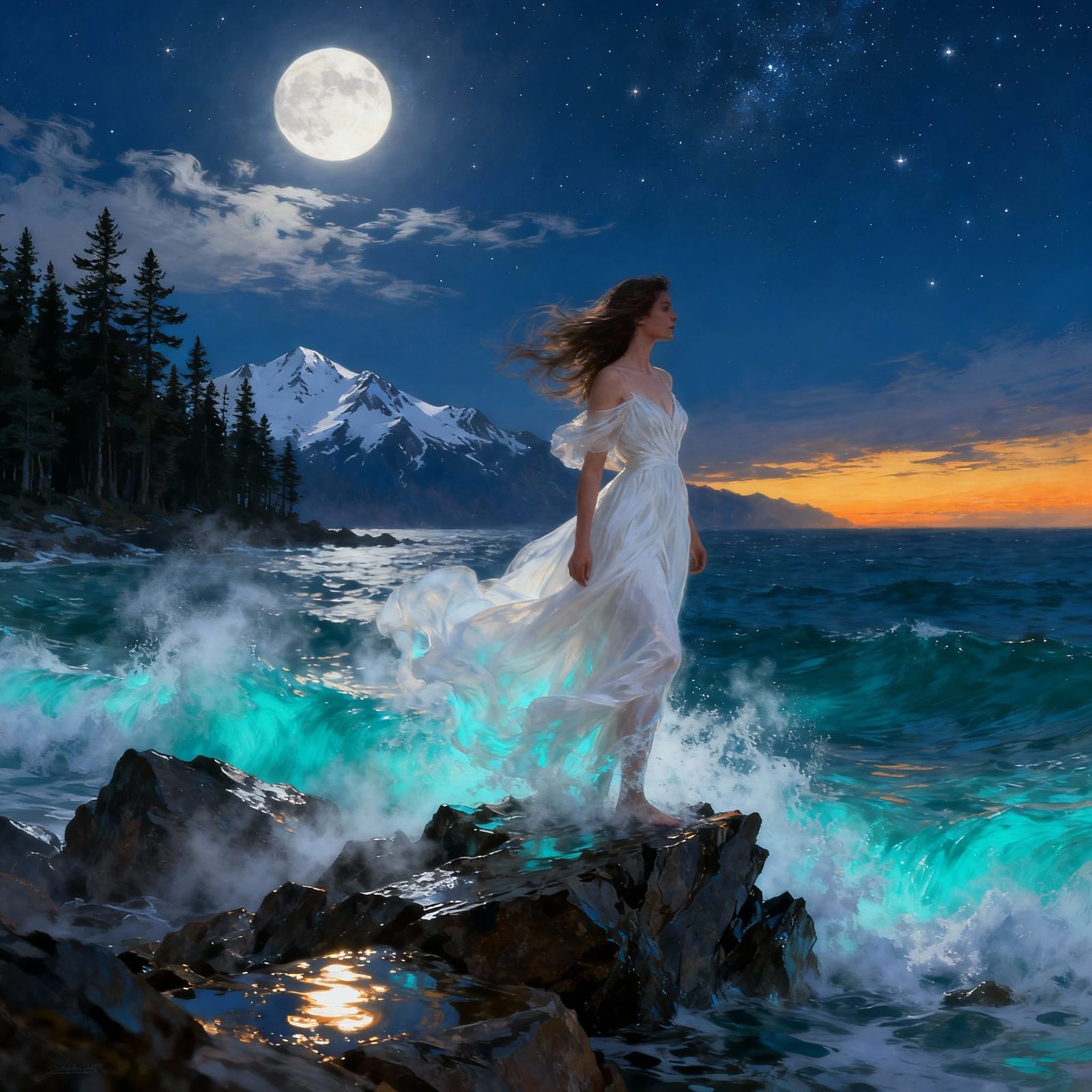 Ethereal Fantasy Woman on Moonlit Sea Rocks