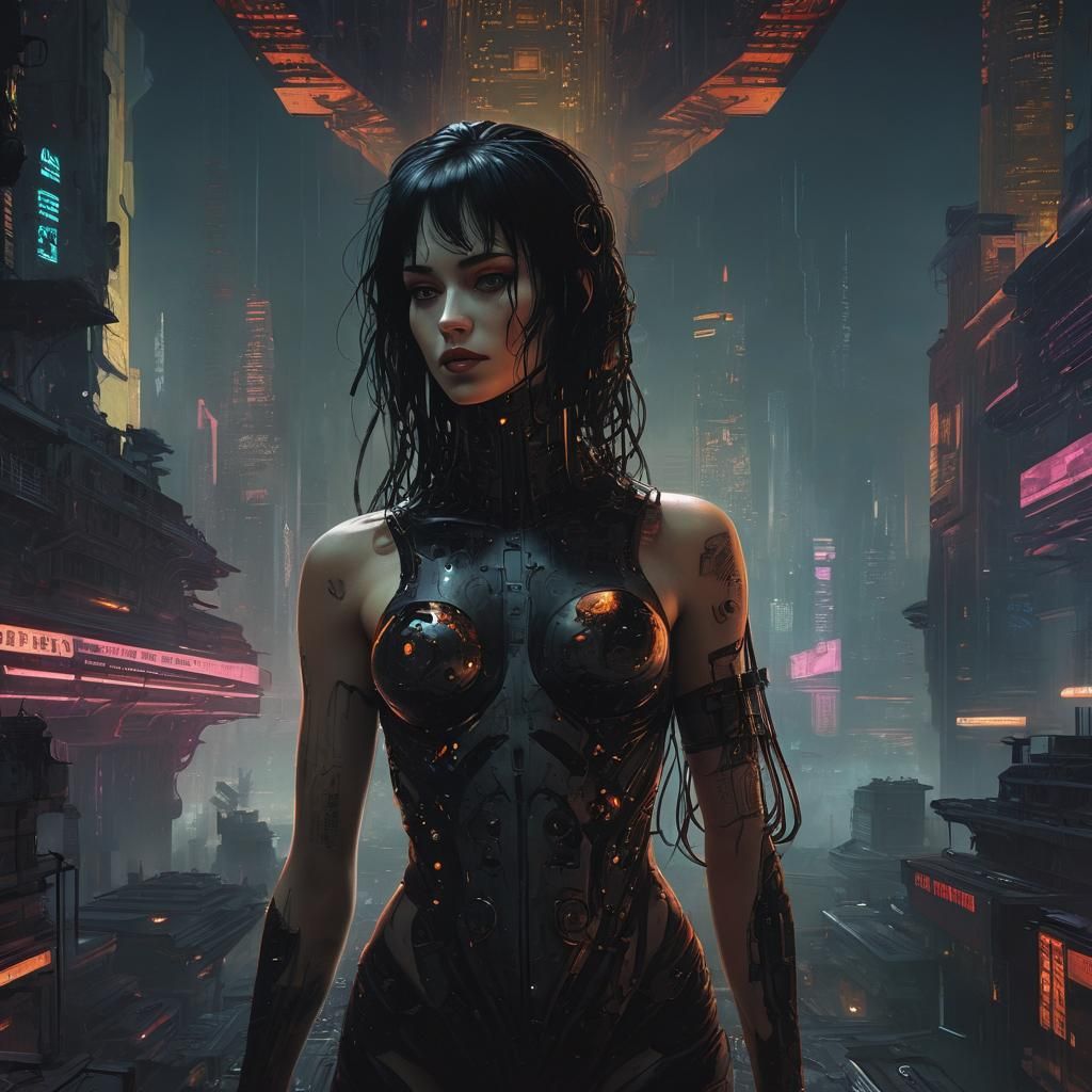 Cyborg Woman in Dark Gothic Cyberpunk City