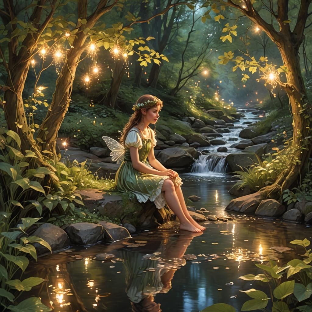 Girl by Stream with Fairies Dancing
