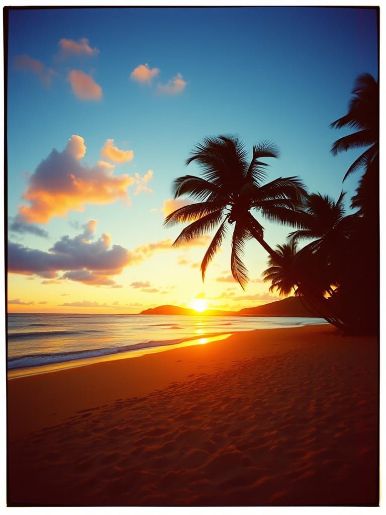 Vibrant Tropical Beach at Sunset in Lomography Style