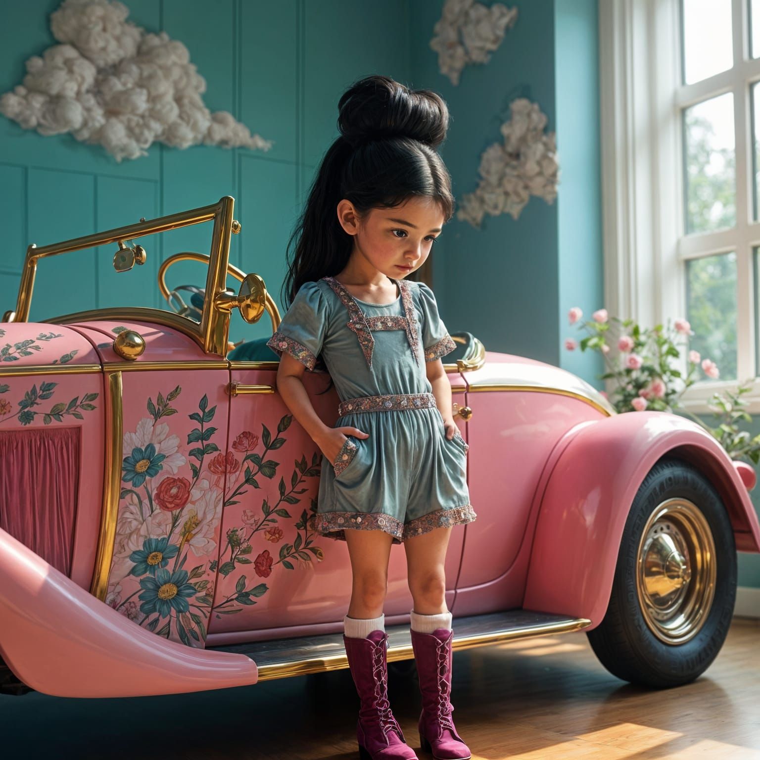 Surreal Portrait of Girl with Updo Leaning on Car