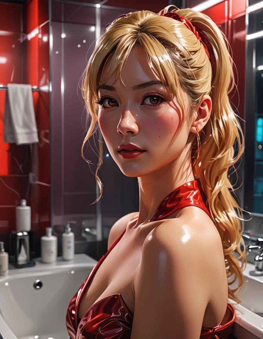 Anime Portrait: Blonde Woman in Red PVC Dress