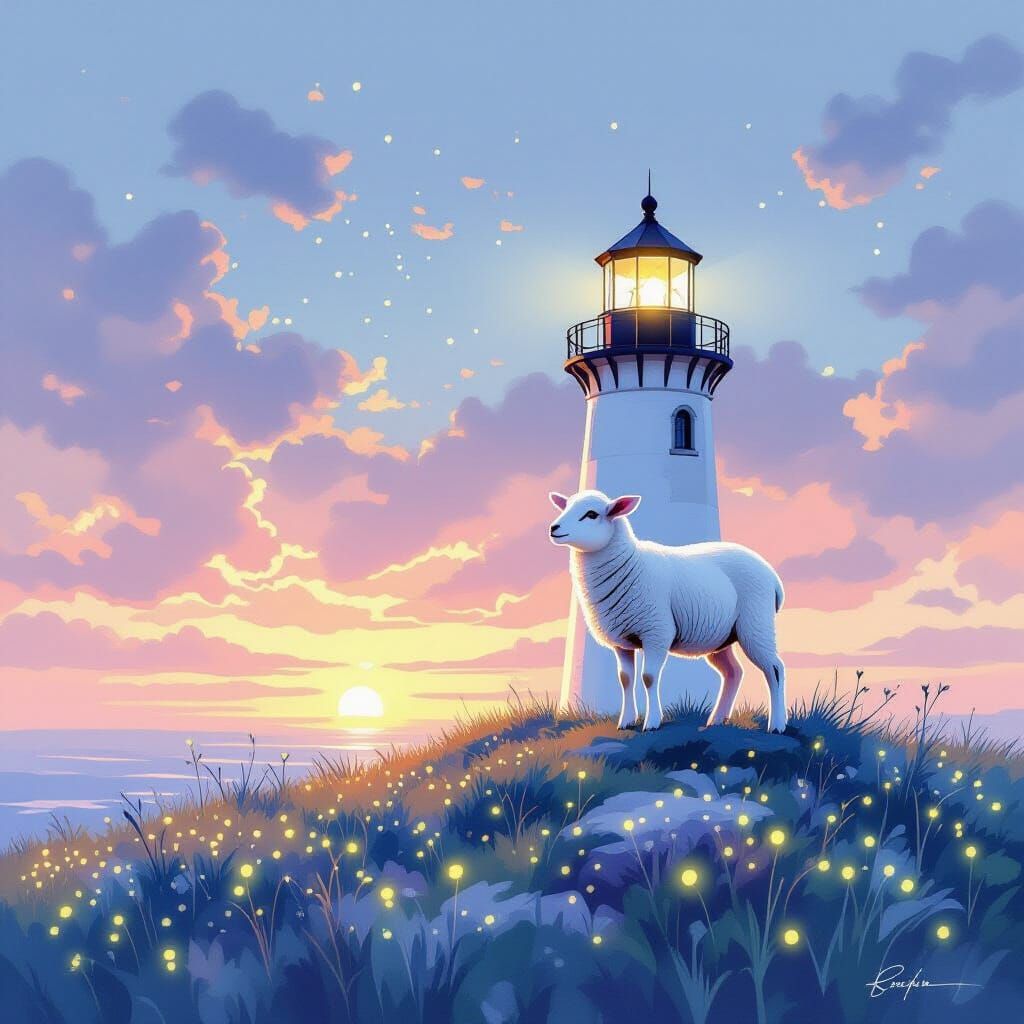 Lamb on Lighthouse with Bioluminescent Flora in Watercolor