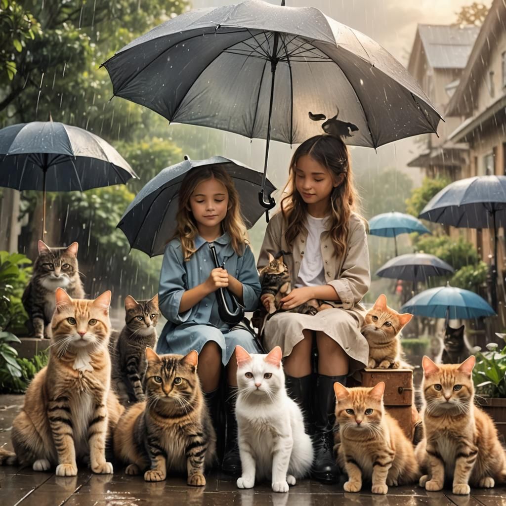 Girls and Cats in Journal Under Umbrella