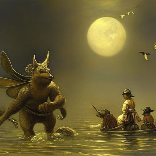 Painting by Maurice Sendak and Jean-Baptiste Monge, mythical creatures swimming, fairy tale, super detail, illustration,...