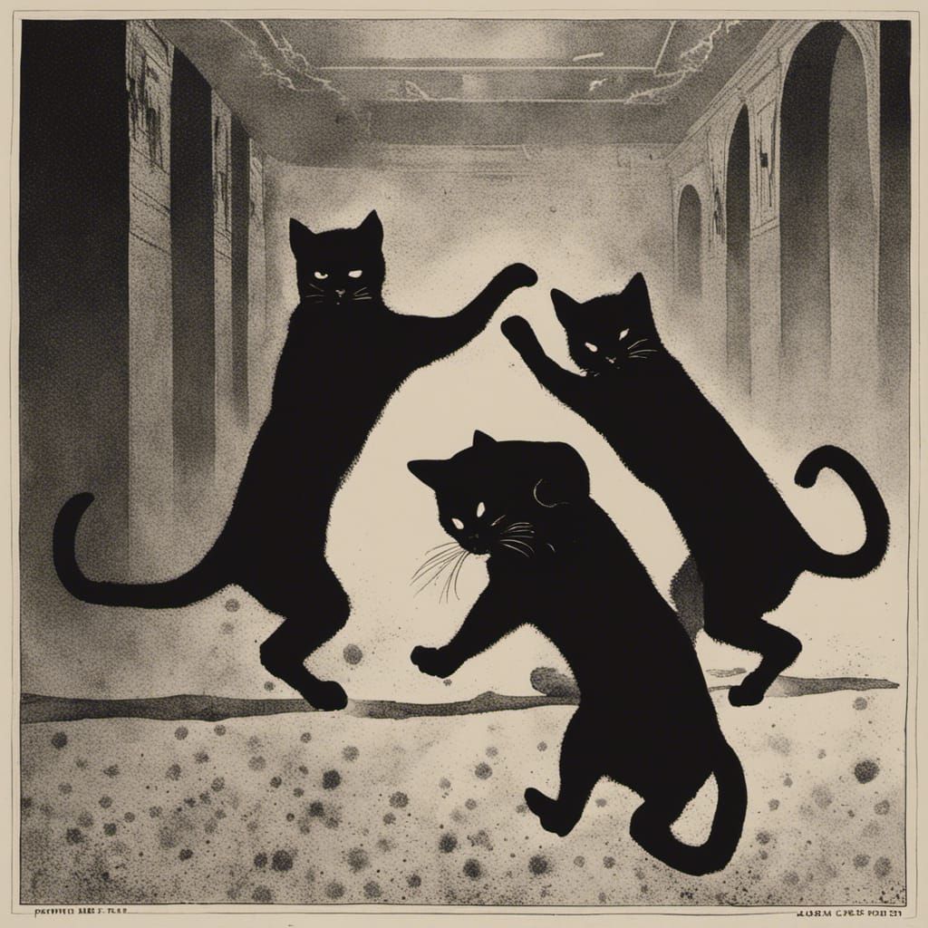 Dancing Black Cats in Pointillist Comix Style