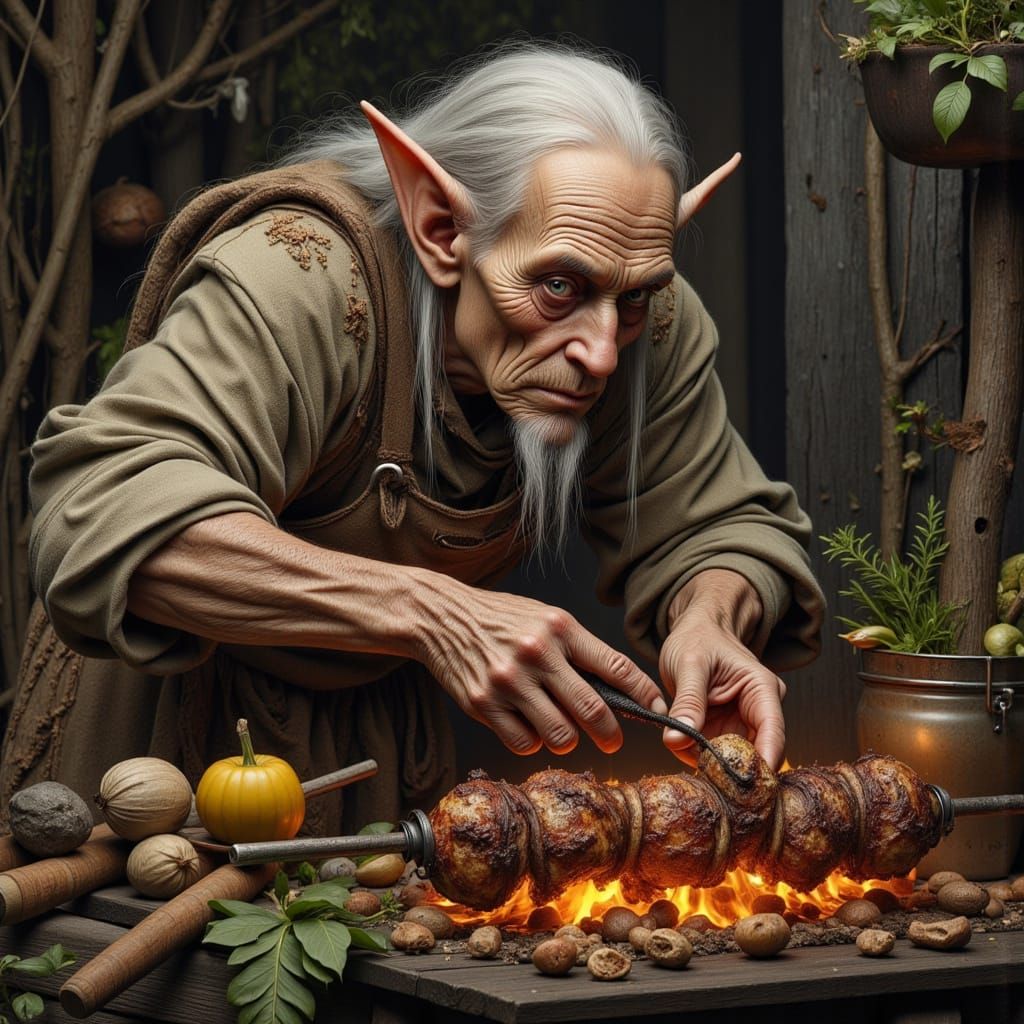 Wizened Elf Tends BBQ with Gentle Care