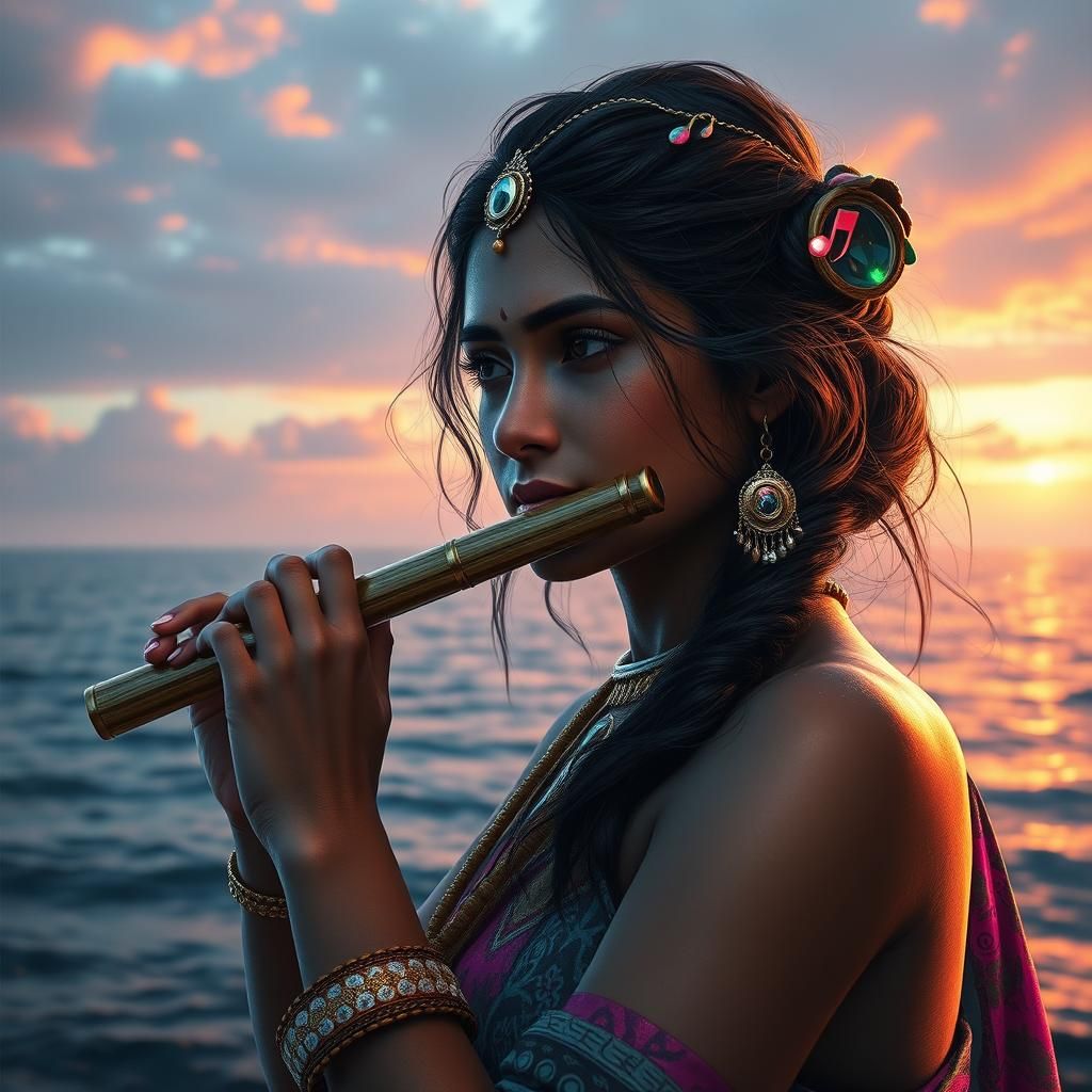 Indian Girl Plays Flute in Art Nouveau Style