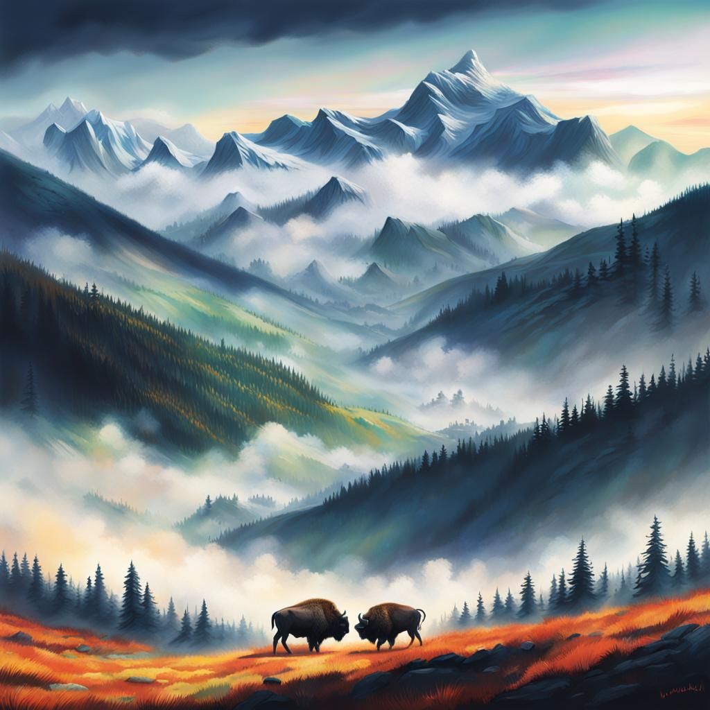 Hyperrealistic Buffalo Herd in Colorful Splash Art