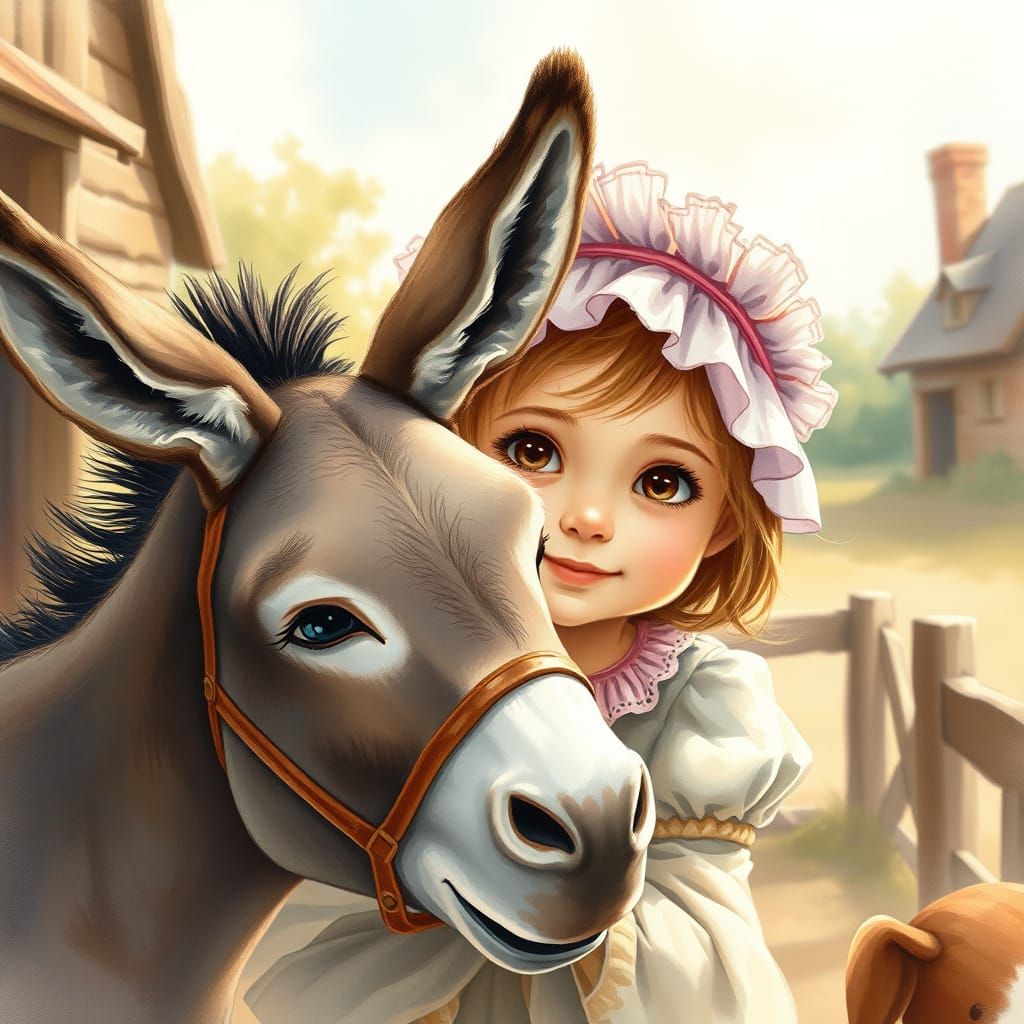 Whimsical Blindfolded Girl Pins Donkey Tail in Cozy Countrys...