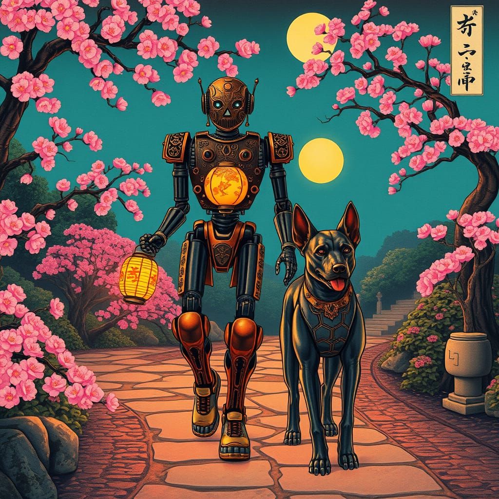 Majestic Ukiyo-e Robot Strolls Through Japanese Garden
