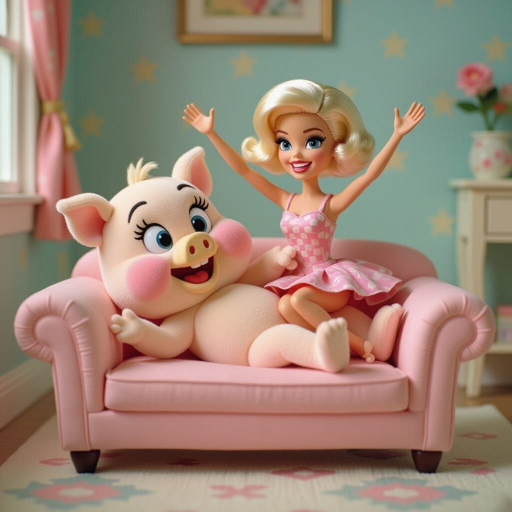 Porky Pig and Barbie Playful Surreal Illustration