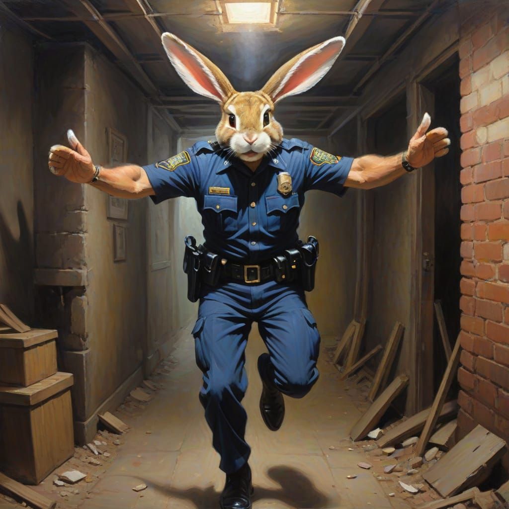 Mysterious Bunny Officer in a Dimly Lit Basement