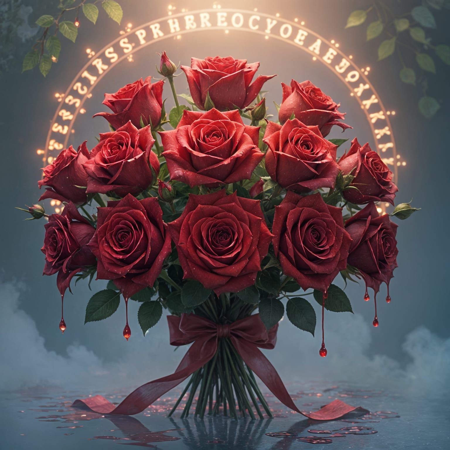 Ethereal Roses Dripping Blood Amidst Dark Lace and Runes
