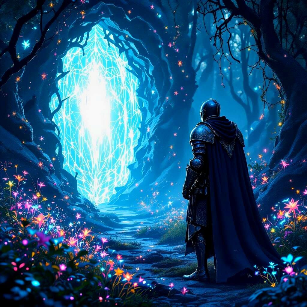 Knight Gazes at Portal in Bioluminescent Forest