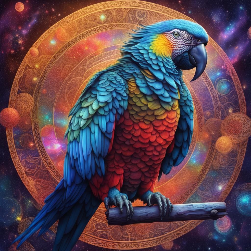 Holographic Cosmic Parrot Illustration in Mixed Media