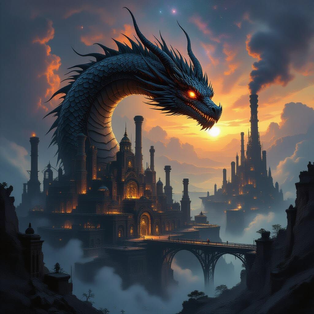Colossal Dragon Over Steampunk City in Cosmic Glow