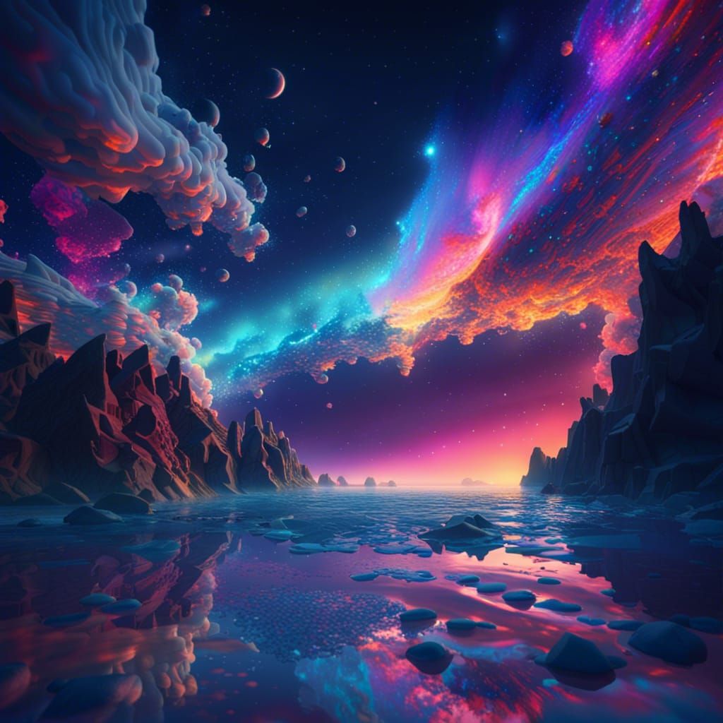 Magnificent Sea and Stars Under Ultra-Colored Sky