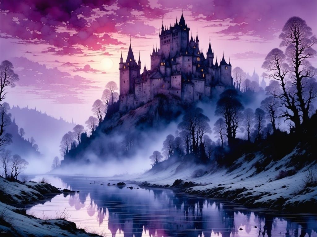 Castle Ruin Emerges in Morning Light Amidst Icy Misty Clouds