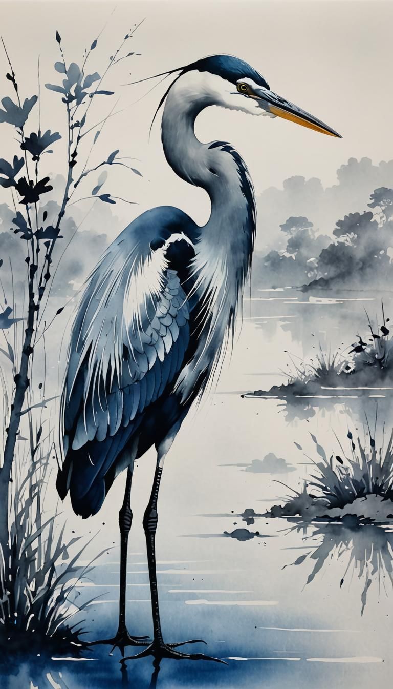 Elegant Heron in Chinese Ink Painting Style