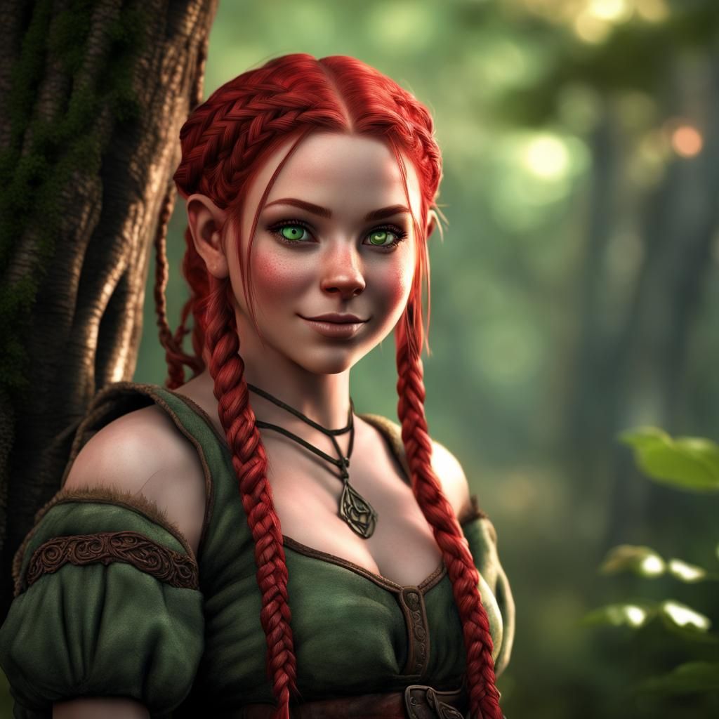 Beautiful Halfling Woman in Forest, Hyperrealistic Style