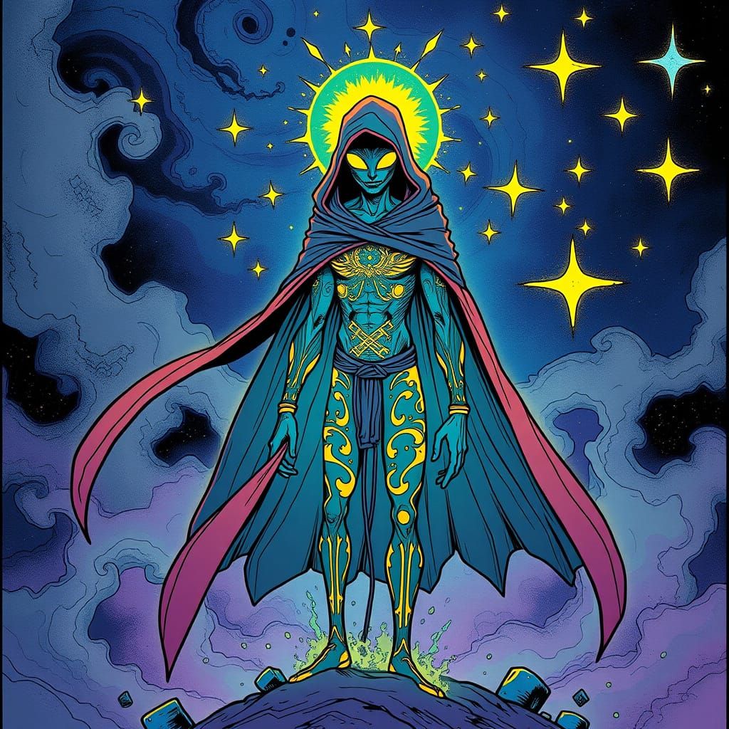 Mystical Stickman Radiates Power in Neon Cyberpunk World