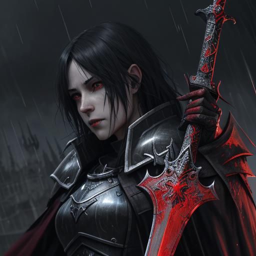 Dark Fantasy Knight with Sword in Rain