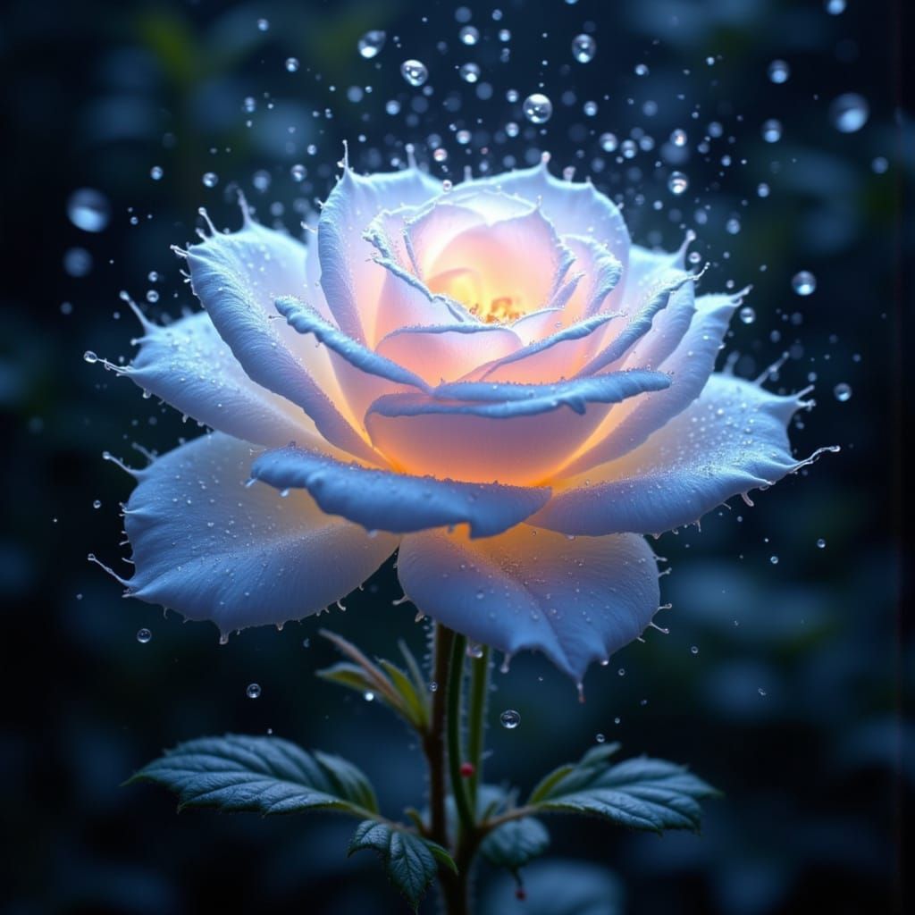Bioluminescent Rose in Rain, Dreamlike Digital Art