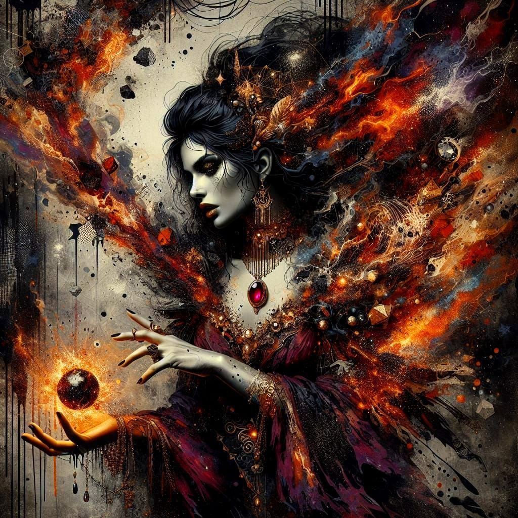 Surreal Sorceress Unleashes Fiery Magic in Hypermaximalist A...