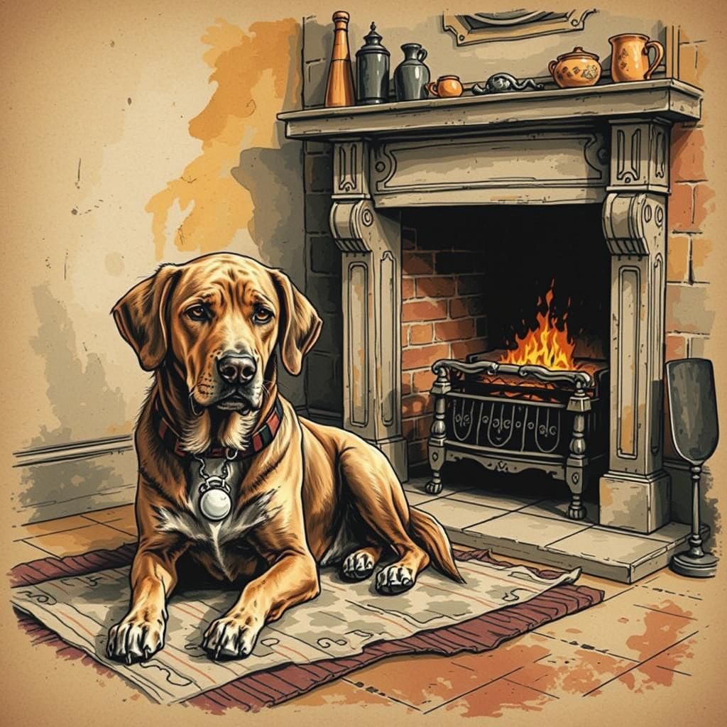 Melancholy Hand-Drawn Dog by Fireplace