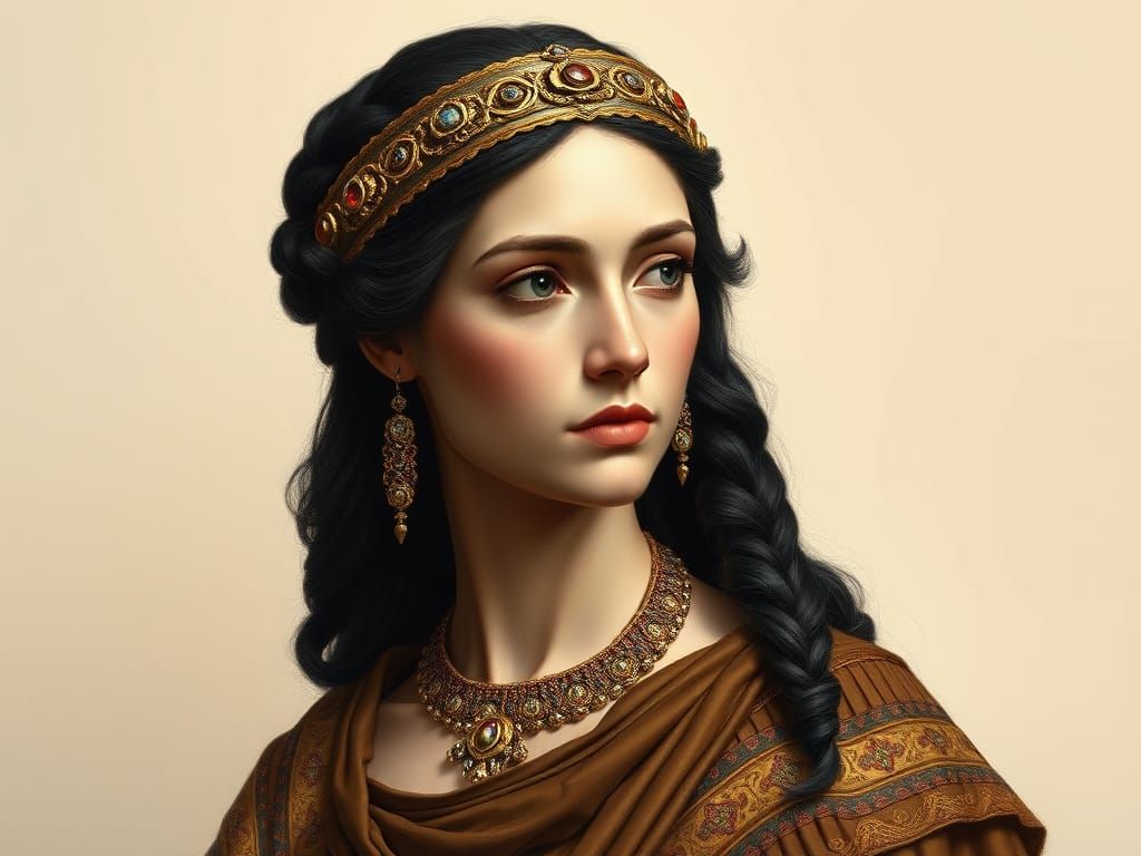 Beautiful woman dressed in 590 A.D. fashion and wearing hairstyle 590 A.D. 8k resolution concept chalk art