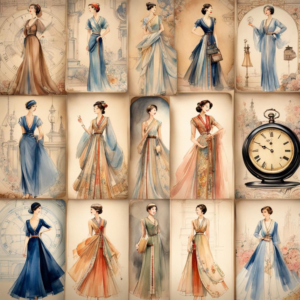 Vintage Dress Blueprints in Watercolor Illustration