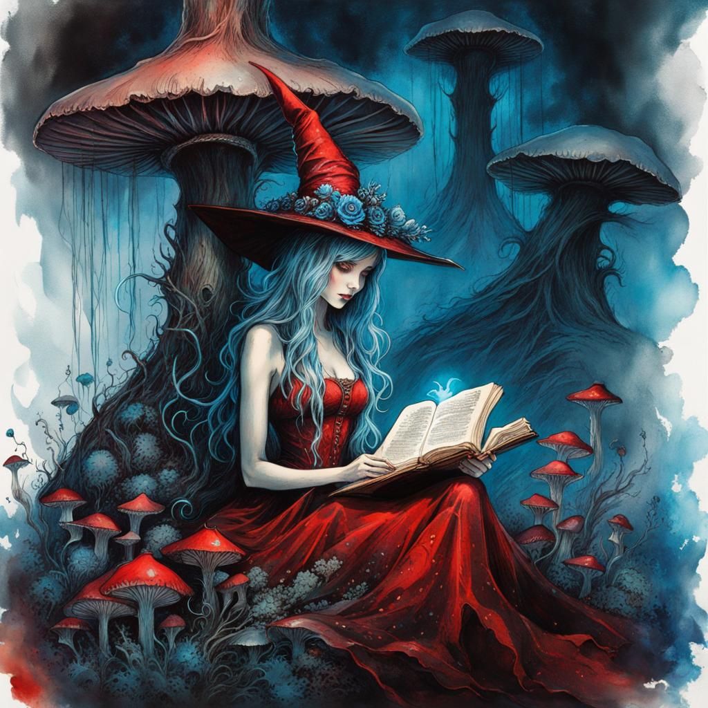 Enchanting Witch Reading Under Bioluminescent Mushroom