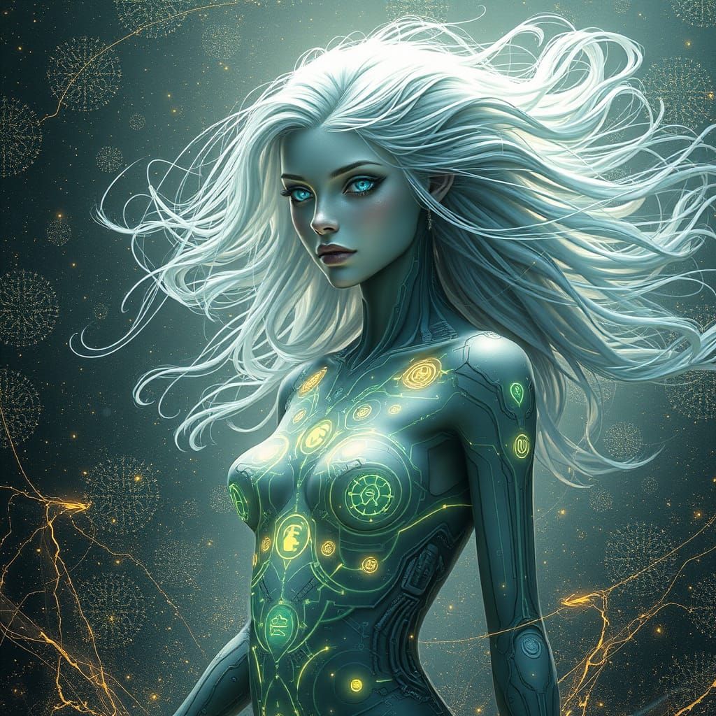 Celestial Goddess Emerges from Stardust in Cyberpunk Style