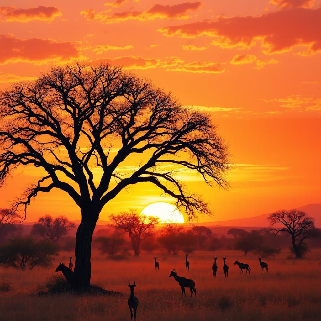 Vibrant African Sunset with Majestic Acacia Trees and Wildli...