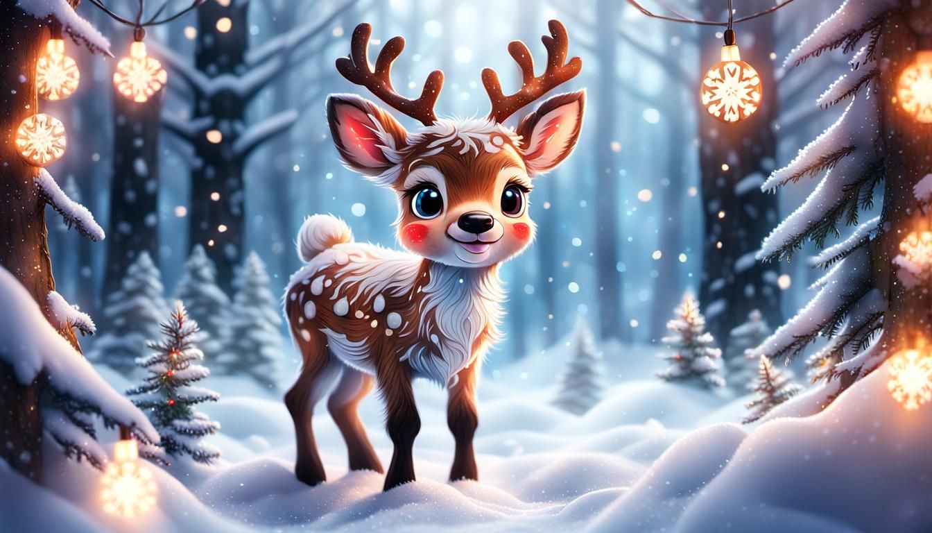 Surreal Winter Wonderland with Baby Rudolph and Twinkling Ch...