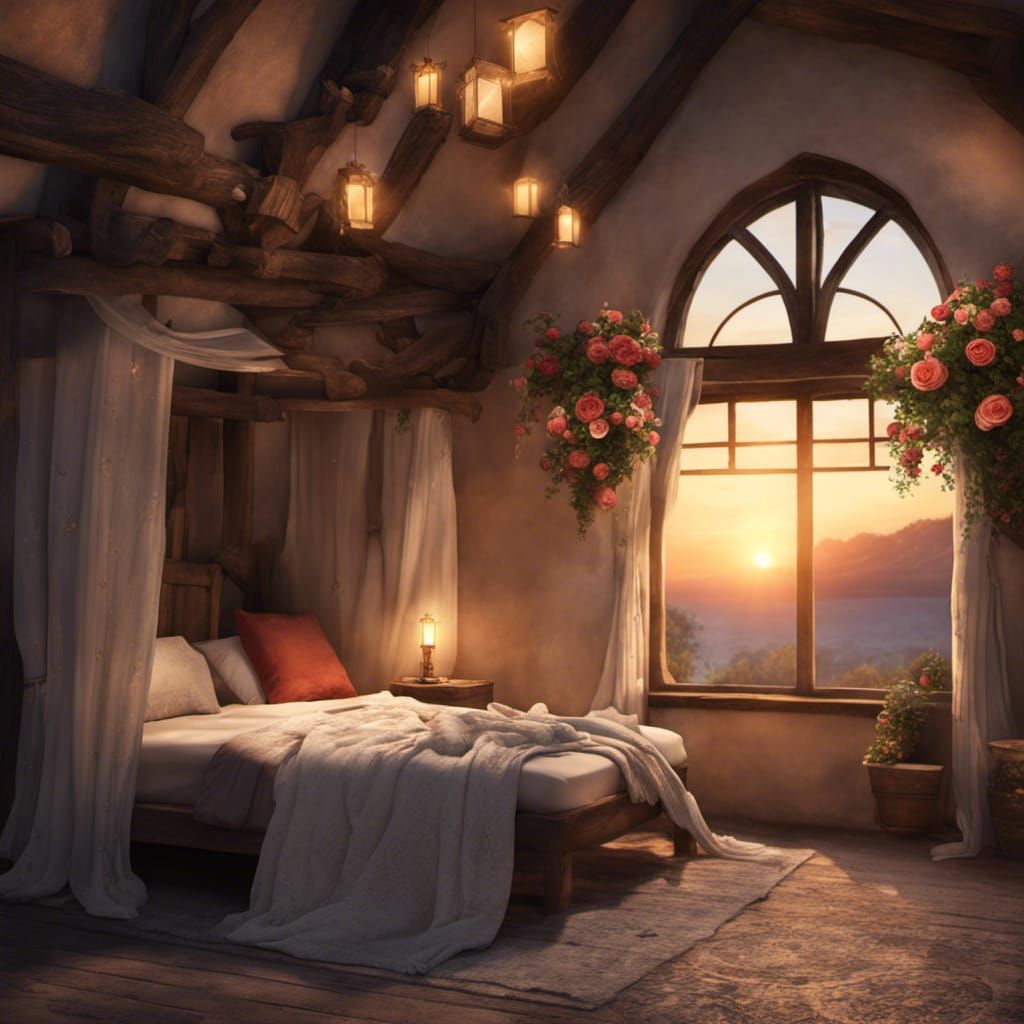 Medieval Cottage Room at Sunset with Roses