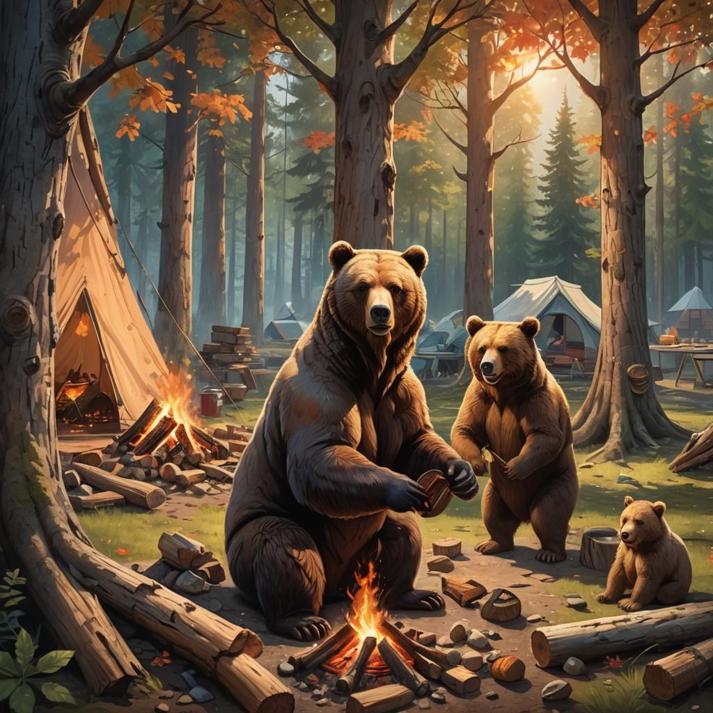 Cozy Bear Family Camping with Campfire
