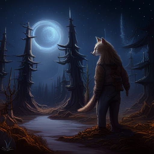 Cat Therian in Starry Forest: Dark Fantasy Art