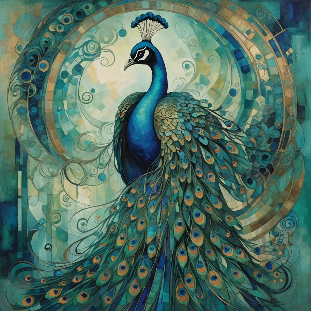 Cubist Figure with Peacock Colors in Dreamlike Realm