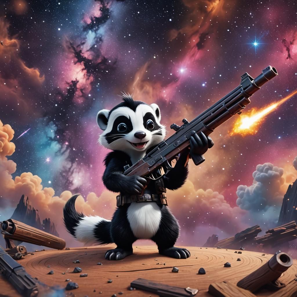 Skunk with Gun in Nebula: 3D Digital Art