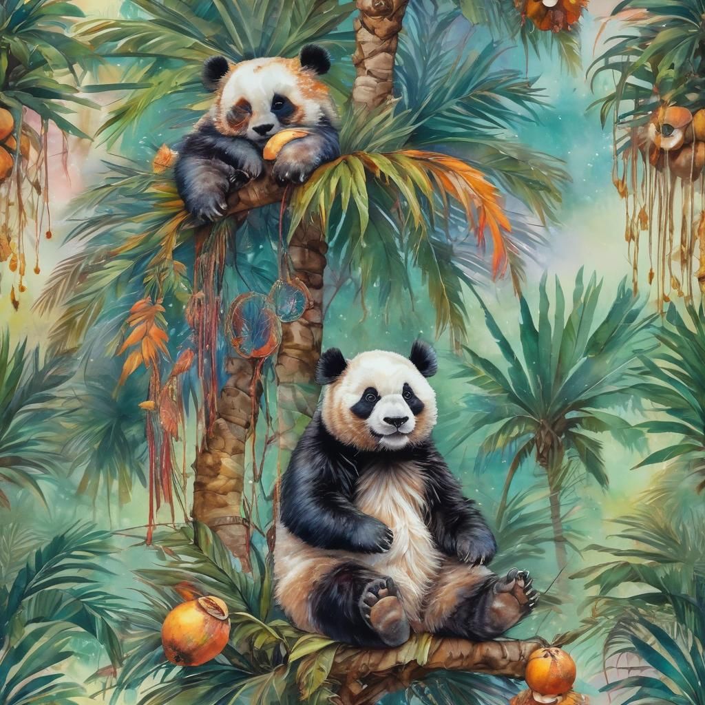 Lovely Panda on Palm Tree in Baroque Watercolor