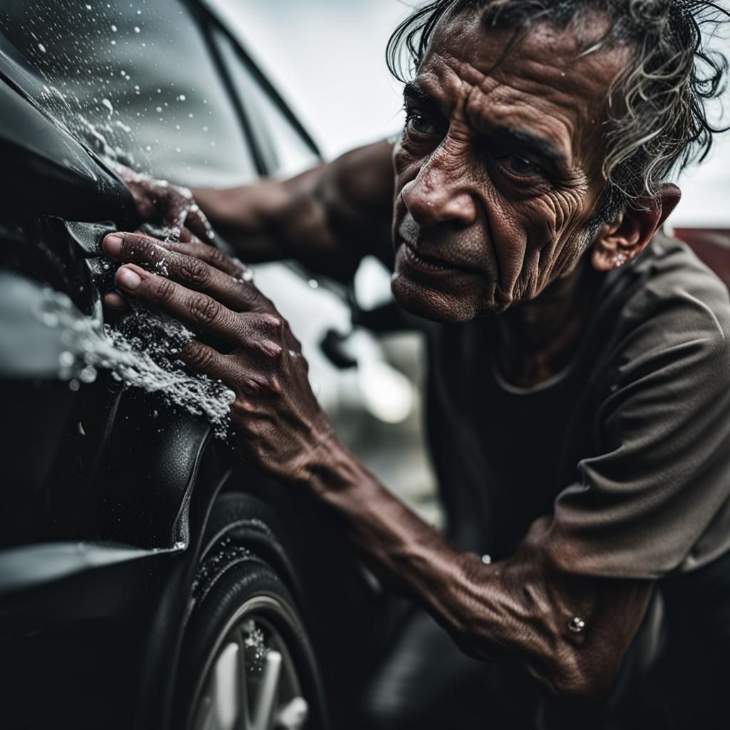 Person in Wheelchair Washing Car: Ambient Portrait