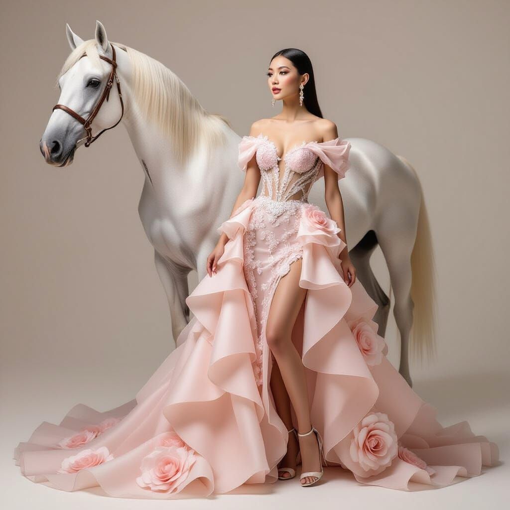 Elegant Asian Woman in Haute Couture Beside White Horse