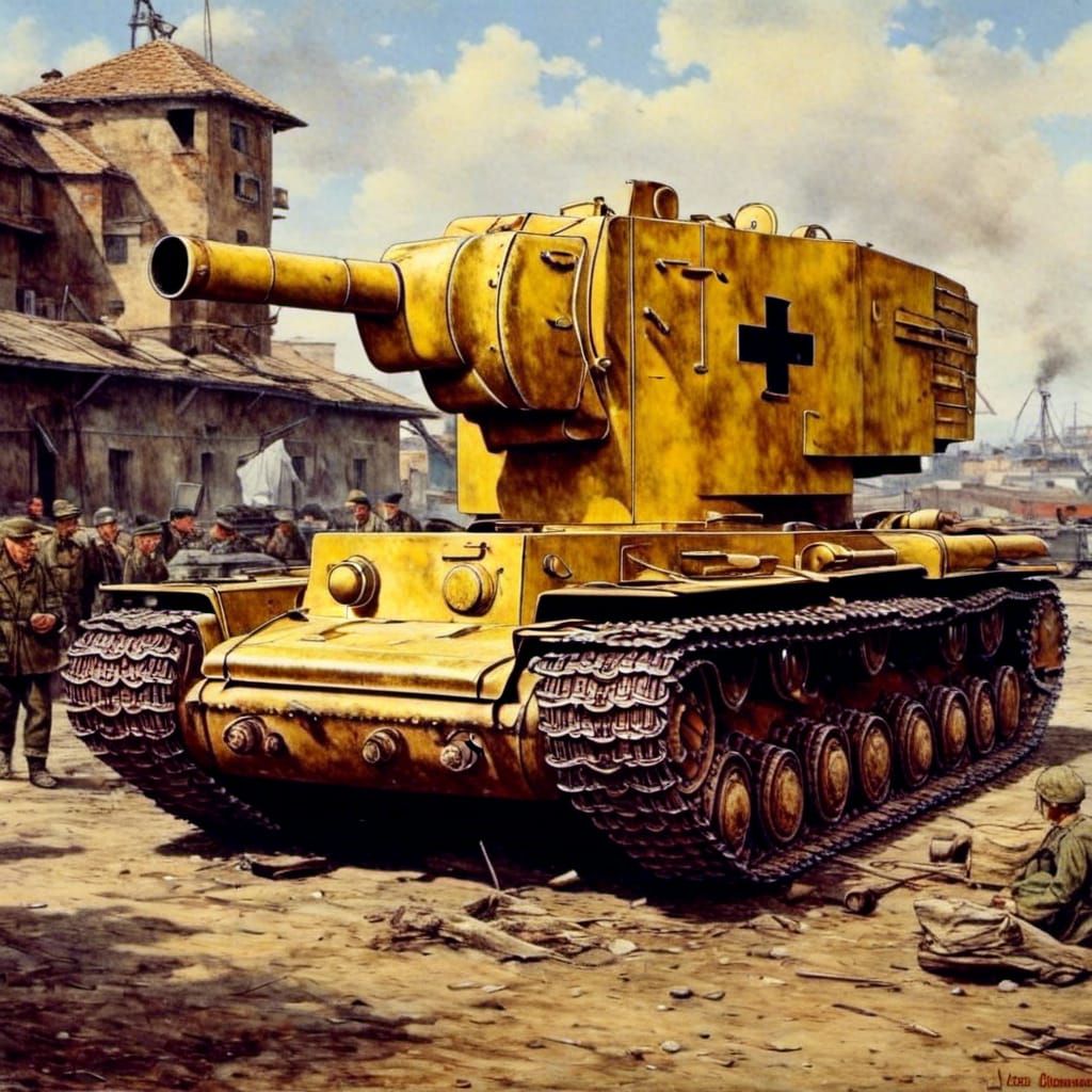 German KV-2 Tank at Italian Port, Oil Painting