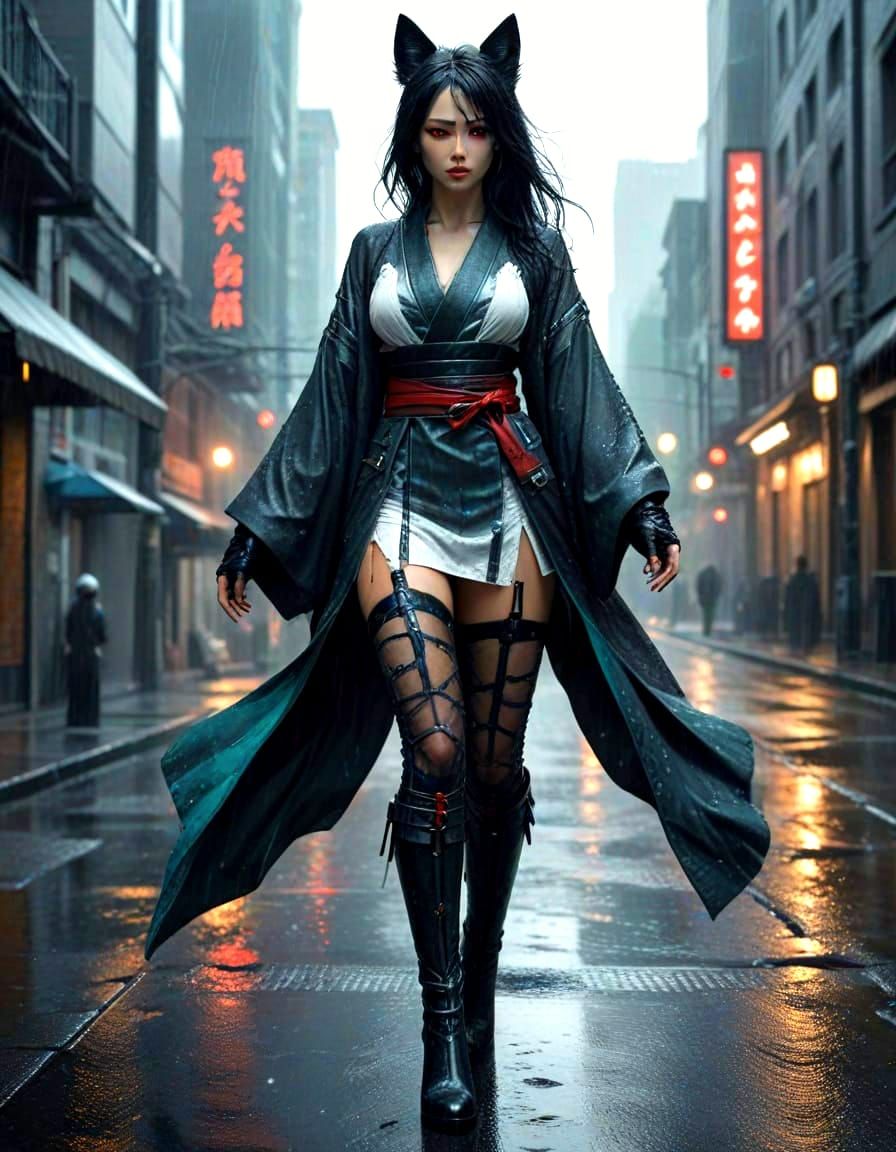 Cyberpunk Goddess in Rainy Urban Chaos