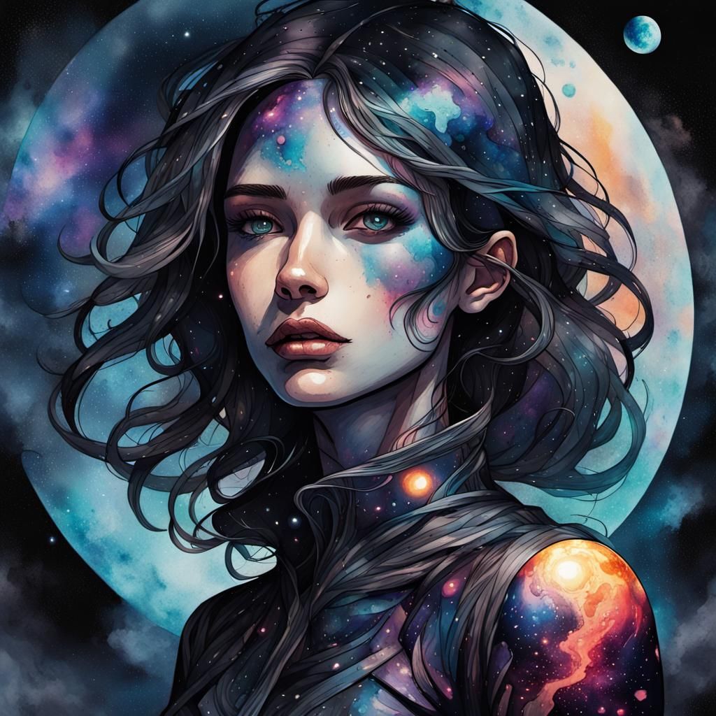 Void Girl in Galaxy: Dark Fantasy Illustration