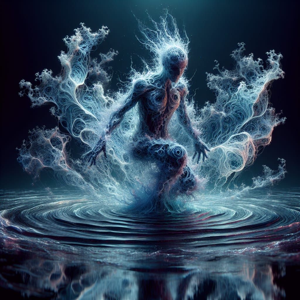 Humanoid Figure Dancing on Fractal Lake